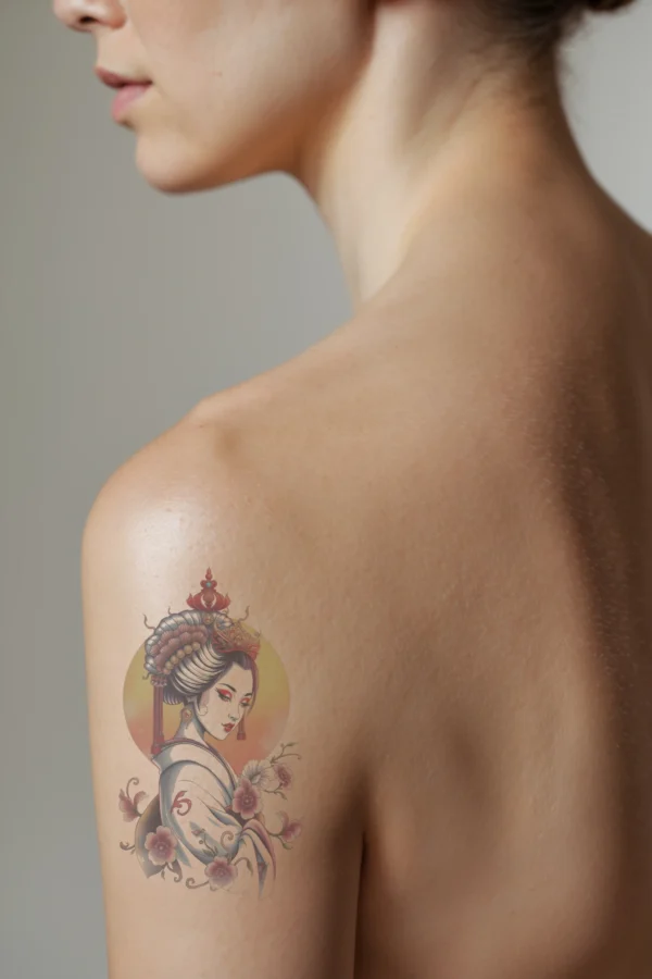 Temporary temporary tattoo design depicting a woman in profile, styled as a traditional Japanese geisha. She has a serene expression, wearing a white kimono adorned with intricate red and gold patterns, complemented by a red and gold headpiece. Her hair is elegantly styled