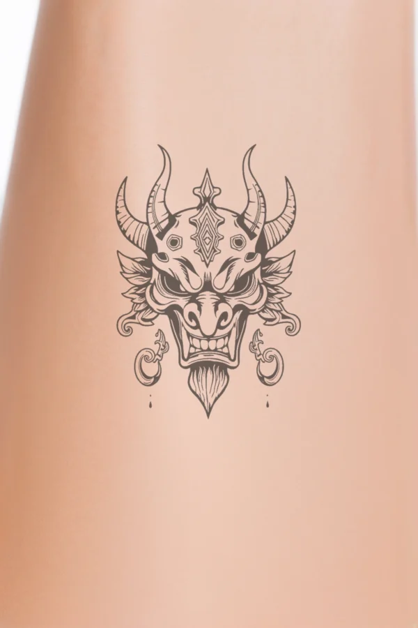 Close-up of a person's lower legs featuring a detailed temporary temporary tattoo on the calf. The temporary tattoo illustrates a striking black and white dragon's head with a pronounced pointed snout, a wide, menacing grin, and inward-curving horns. Its large,