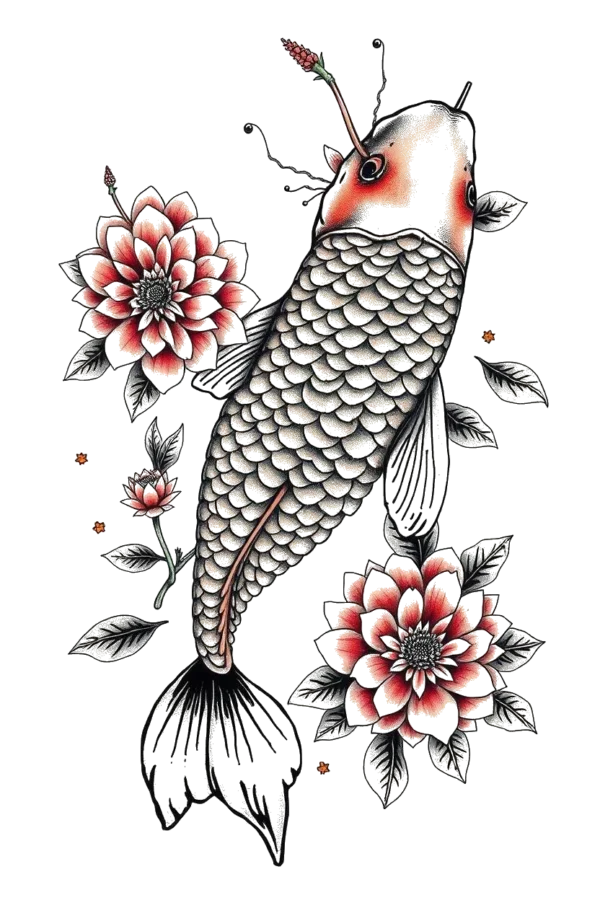A vibrant temporary temporary tattoo design featuring a koi fish with a long, flowing tail and large, round eyes. The fish, centered and facing right, has a primarily gray body adorned with small dark gray or black spots, complemented by gray and white fins.