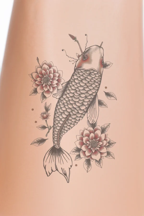 Close-up of a person's calf featuring a vibrant temporary temporary tattoo of a koi fish. The fish, facing right, has a long, flowing tail and large, round eyes. Its body showcases a pattern of small dark gray spots and a mix of gray and