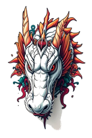 A detailed illustration of a dragon's head for a temporary tattoo, featuring a fierce expression with wide open eyes and a slightly open mouth showcasing its tongue. The dragon's body is mainly white, accented by bold red tones on its head and neck, while