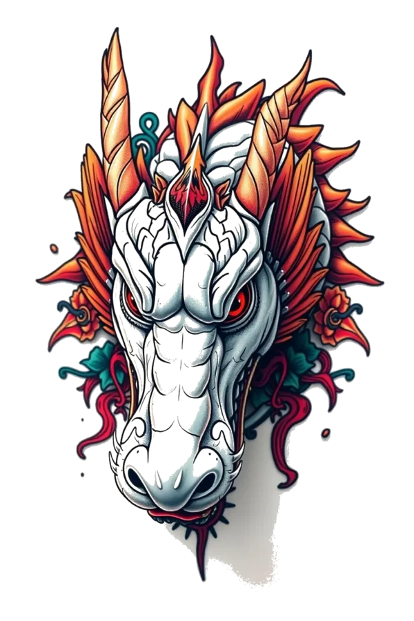 A detailed illustration of a dragon's head for a temporary temporary tattoo, featuring a fierce expression with wide open eyes and a slightly open mouth showcasing its tongue. The dragon's body is mainly white, accented by bold red tones on its head and neck, while