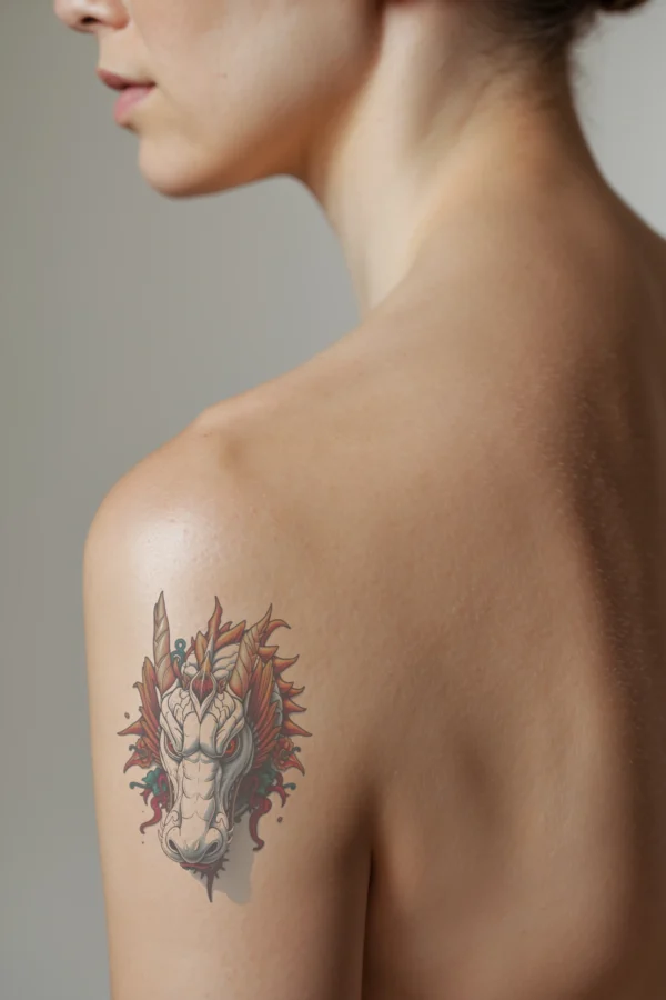 A detailed temporary temporary tattoo on a person's shoulder features a dragon's head in profile, displaying a fierce expression with wide-open eyes and a slightly open mouth revealing its tongue. The dragon is primarily white with striking red accents on its head and neck, and its