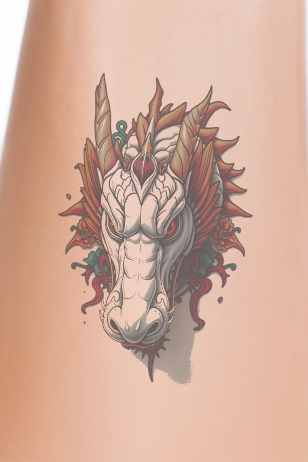 Close-up of a person's calf featuring a striking temporary temporary tattoo of a dragon's head. The dragon, predominantly white with vibrant red and orange accents, has wide, sharp eyes and a fierce expression. Its mouth is slightly open, revealing its tongue, and