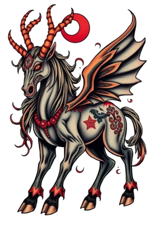 A detailed temporary tattoo design featuring a fantastical creature with a horse-like body and large, outstretched wings. The creature has a dark mane and tail, with a primarily gray body accented by hints of black or dark brown. Its wings are vibrant