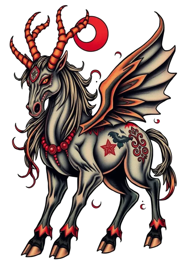 A detailed temporary temporary tattoo design featuring a fantastical creature with a horse-like body and large, outstretched wings. The creature has a dark mane and tail, with a primarily gray body accented by hints of black or dark brown. Its wings are vibrant