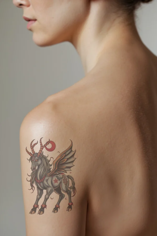 A close-up of a profile view of a person's shoulder featuring a temporary temporary tattoo of a fantastical creature. This creature has a horse-like body, dark mane and tail, and large, spread wings predominantly in shades of orange and red with black markings.