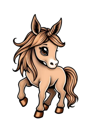 A cartoon unicorn with a light brown body, darker brown mane and tail, and a dark brown horn faces right. Its large, round eyes and pointed ears are prominent, while its legs are light brown with darker brown hooves. The design is set
