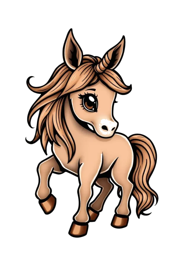 A cartoon unicorn with a light brown body, darker brown mane and tail, and a dark brown horn faces right. Its large, round eyes and pointed ears are prominent, while its legs are light brown with darker brown hooves. The design is set