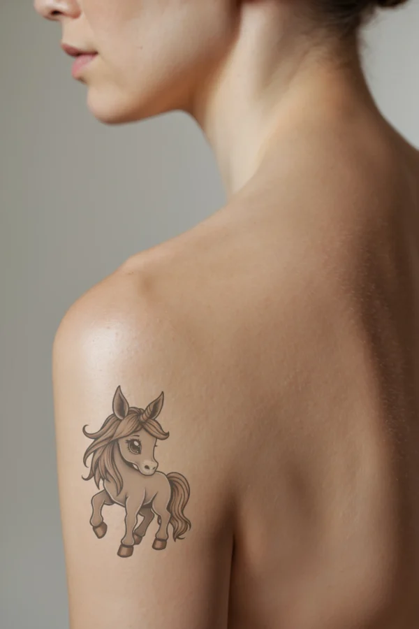 Profile view of a person with a detailed temporary temporary tattoo on their shoulder depicting a cartoon unicorn. The unicorn has a light brown body, a darker brown mane and tail, and a pointed dark brown horn. Its large, round eyes and upright ears add to