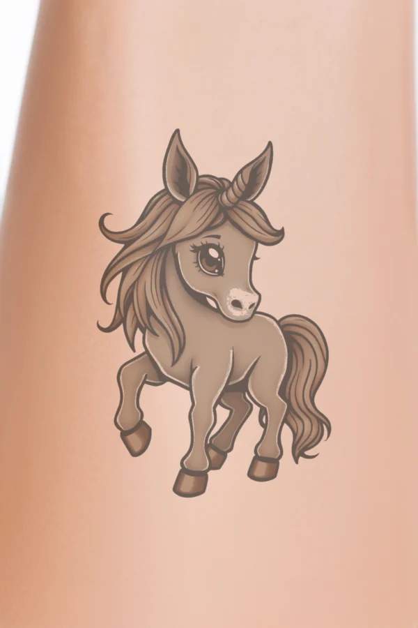 Close-up of a person's calf featuring a temporary temporary tattoo of a cartoon unicorn. The unicorn has a light brown body with a darker brown mane and tail, facing towards the right. Its large, round eyes and pointed ears are clearly visible. The unicorn's