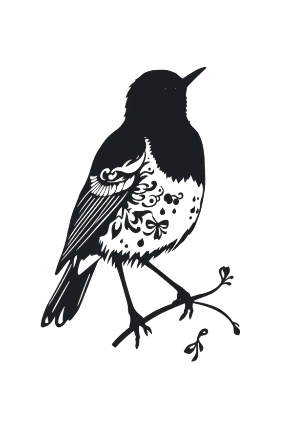 A detailed black and white temporary temporary tattoo design featuring a stylized bird perched on a simple branch. The bird, facing right with wings spread and body angled, has its head turned left and beak slightly open. Its body showcases intricate floral patterns, contrasting