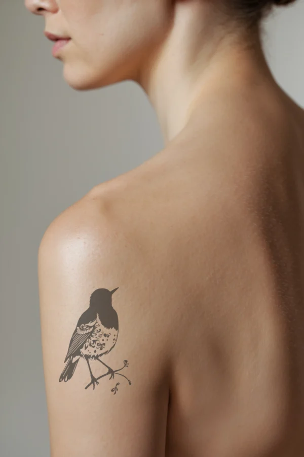 A temporary temporary tattoo on a person's shoulder shows a detailed black and white illustration of a stylized bird perched on a simple branch. The bird, facing right with wings spread wide and body angled, has its head turned left and beak slightly open. Its