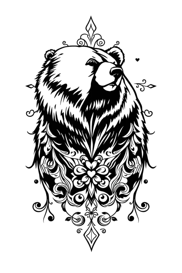 A striking black and white temporary temporary tattoo design featuring a bear's head and neck, facing right with closed eyes. The bear's fur showcases intricate patterns of swirling lines and floral elements, highlighted against a stark white background. The detailed features include a prominent nose