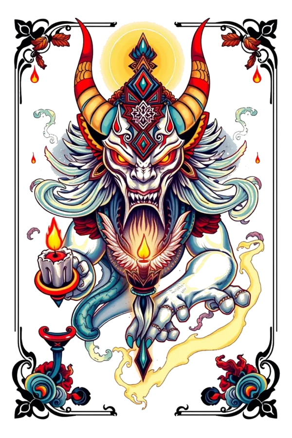 A temporary temporary tattoo design featuring a large, white horned creature with a dark face, elaborate horn on its head, and a menacing open mouth displaying sharp teeth. The creature’s striking yellow eyes enhance its fierce appearance. Its body is decorated with intricate