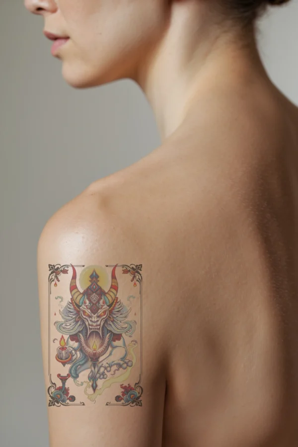 A temporary temporary tattoo on a person's shoulder features a fantastical horned creature in profile. The creature has a white body and a dark face, with a large, ornate horn on its head and a smaller horn on its back. Its striking yellow eyes and