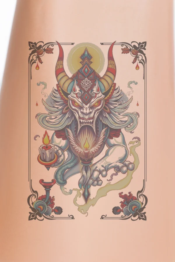 Close-up of a person's calf showcasing a striking temporary temporary tattoo featuring a large, horned creature with a white body and dark face. The creature, centered in the design, has a prominent, ornate horn on its head and sharp teeth visible as its mouth