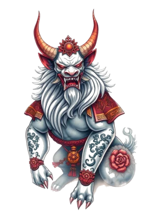 Temporary tattoo design featuring a mythical creature with a fierce expression. The creature is primarily gray, enhanced by red and orange hues on its head and body. It has long, cascading white hair and prominent horns, with piercing red eyes and an open mouth displaying