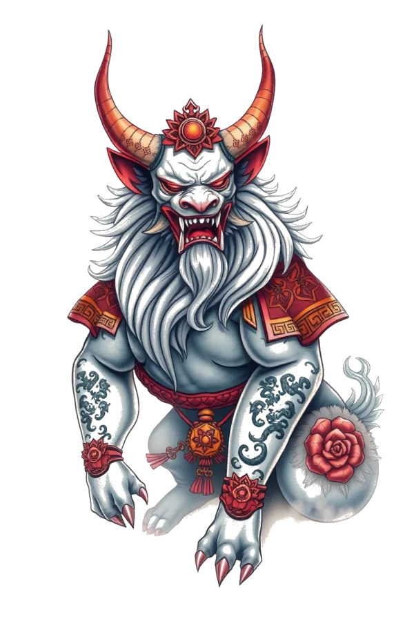 Temporary temporary tattoo design featuring a mythical creature with a fierce expression. The creature is primarily gray, enhanced by red and orange hues on its head and body. It has long, cascading white hair and prominent horns, with piercing red eyes and an open mouth displaying