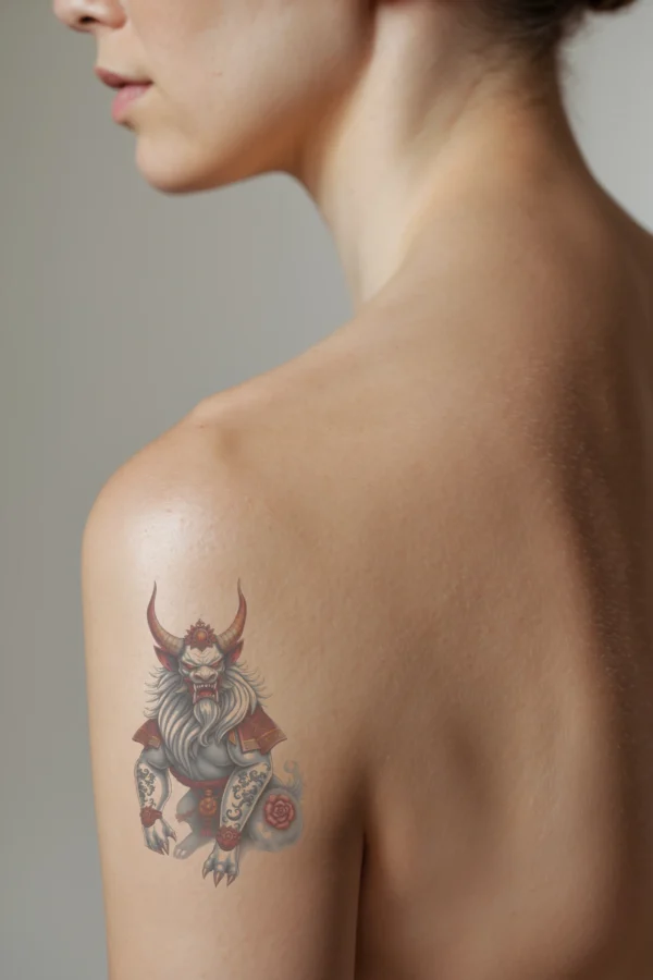 A profile view of a person's shoulder showcasing a temporary temporary tattoo of a fierce mythical creature. The creature is mainly gray with vibrant red and orange hues on its head and body. It has long, flowing white hair, prominent horns, and piercing red eyes.