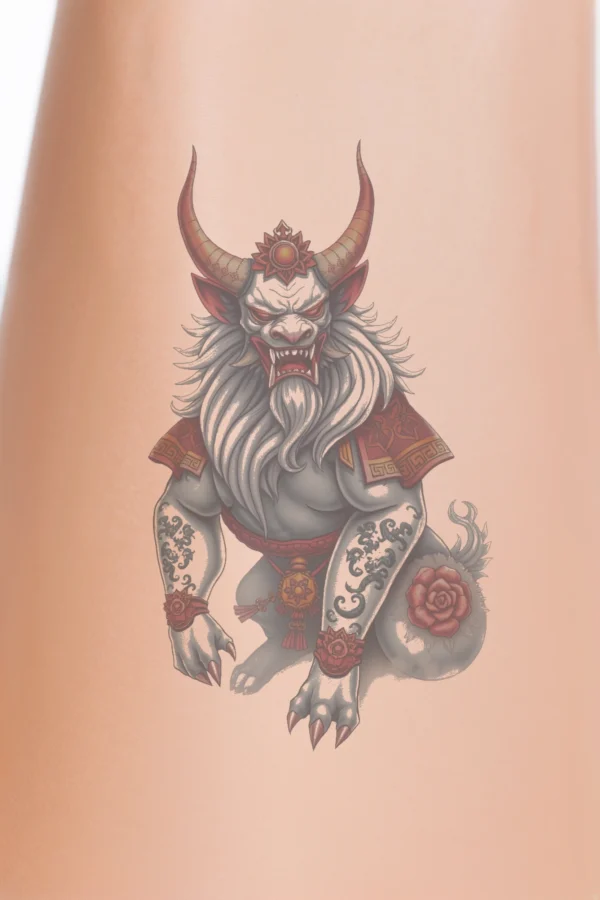 Close-up of a person's calf showcasing a temporary temporary tattoo of a fierce, fantastical creature. The creature is primarily gray with striking red and orange hues on its head and body, featuring long white hair and prominent horns. Its piercing red eyes and open mouth