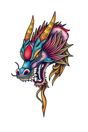 A temporary tattoo featuring a vibrant dragon's head, depicted in traditional tattoo style. The dragon's fierce expression shows sharp teeth and an open mouth. Its body features a blend of blue and purple hues with striking orange and red accents. The dragon's pointed