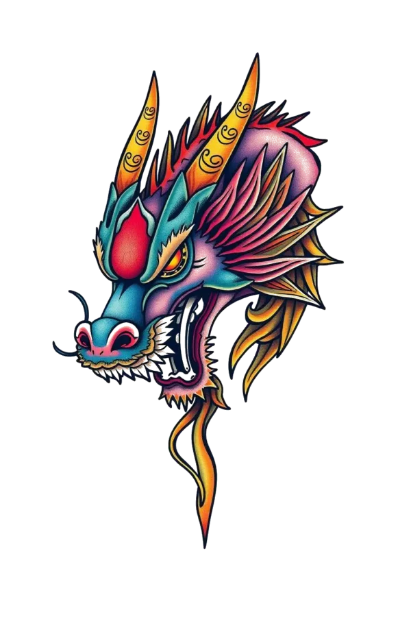 A temporary temporary tattoo featuring a vibrant dragon's head, depicted in traditional temporary tattoo style. The dragon's fierce expression shows sharp teeth and an open mouth. Its body features a blend of blue and purple hues with striking orange and red accents. The dragon's pointed