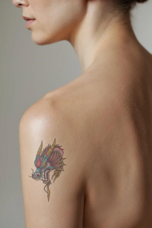 Temporary temporary tattoo of a dragon's head on a person's shoulder in profile. The vibrant design features an open-mouthed dragon with sharp teeth and a fierce expression. Its blue and purple body is accented with orange and red, and it has pointed horns.