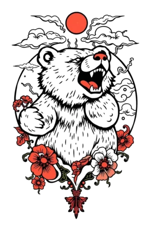 A bold temporary tattoo design featuring a stylized polar bear's head and neck in a striking black and white color scheme. The bear roars fiercely, with its eyes glowing red and its nose in dark red or black. Its fur is intricately detailed