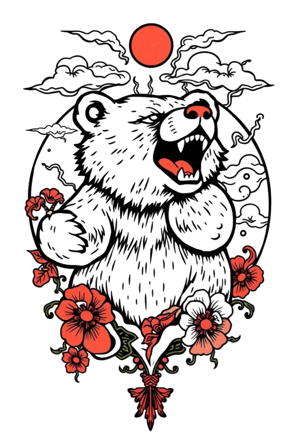 A bold temporary temporary tattoo design featuring a stylized polar bear's head and neck in a striking black and white color scheme. The bear roars fiercely, with its eyes glowing red and its nose in dark red or black. Its fur is intricately detailed