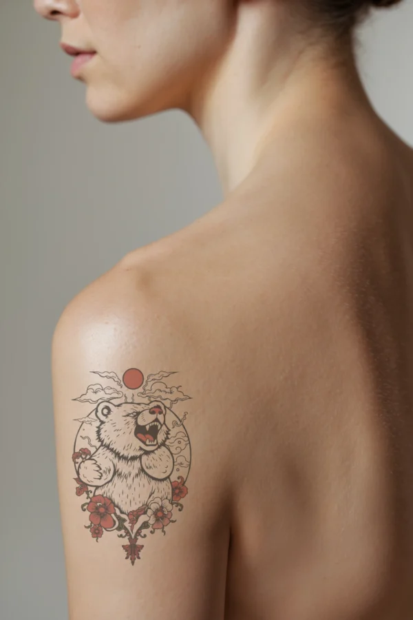 A detailed temporary temporary tattoo on a person's shoulder features a profile view of a powerful polar bear, its head and neck emphasized with an open mouth, conveying ferocity. The bear's fur is illustrated in shades of black and white, with striking red eyes and