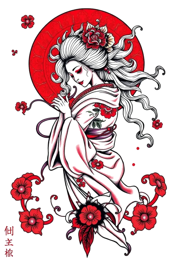 Temporary temporary tattoo design featuring a stylized female figure inspired by Japanese art. She has a serene expression and is dressed in a white kimono with a red sash. Her hair is elegantly styled in a loose updo adorned with flowers. Surrounding her are