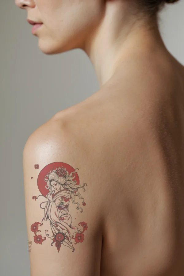 A detailed temporary temporary tattoo on a person's shoulder features a profile of a stylized female figure inspired by Japanese art. She has a serene expression, wearing a white kimono with a red sash. Her hair is styled in a loose updo adorned with flowers