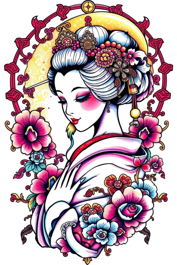 A temporary temporary tattoo design featuring a stylized portrait of a serene woman inspired by traditional Japanese art. She has an elaborate updo decorated with a large, ornate headpiece, and her makeup combines soft pink and blue shades. Dressed in a pink and