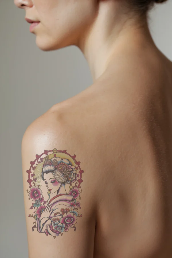 A temporary temporary tattoo on a person's shoulder features a stylized portrait of a serene woman inspired by traditional Japanese art. The woman has her hair elegantly styled in an updo with a large, ornate headpiece. Her makeup showcases soft pink and blue tones.