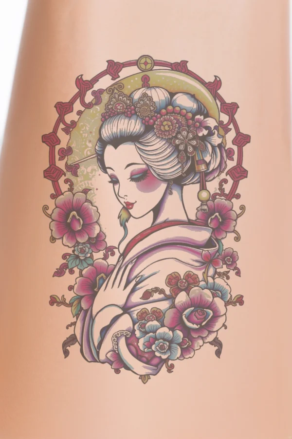 Close-up of a person's calf featuring a temporary temporary tattoo of a stylized portrait of a serene woman inspired by traditional Japanese art. She has an intricately detailed updo adorned with a large headpiece, while her makeup blends pink and blue tones. D