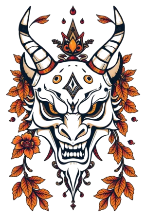A temporary tattoo design featuring a striking mask inspired by East Asian art, predominantly in white and black. The mask has a pointed nose and a wide, menacing grin with vibrant orange eyes and a deep red mouth. A crown-like structure adorns the