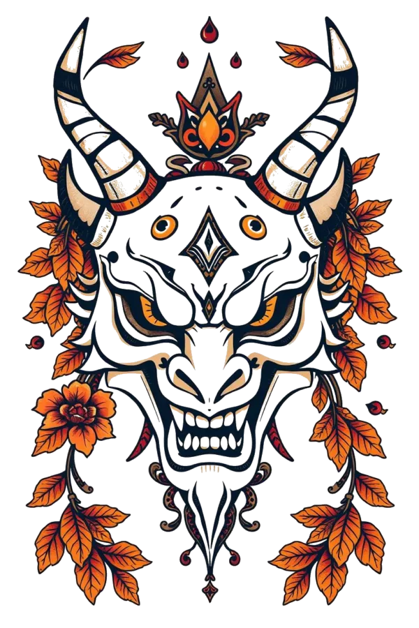 A temporary temporary tattoo design featuring a striking mask inspired by East Asian art, predominantly in white and black. The mask has a pointed nose and a wide, menacing grin with vibrant orange eyes and a deep red mouth. A crown-like structure adorns the