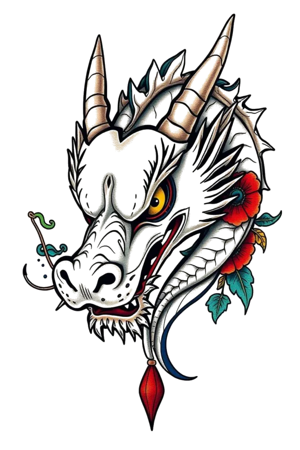 Illustration of a dragon's head in a traditional Japanese art style, featuring a white head with black and gray accents and a striking red eye. The dragon's mouth is open, showcasing sharp teeth, and it wears a red and gold pendant. Positioned