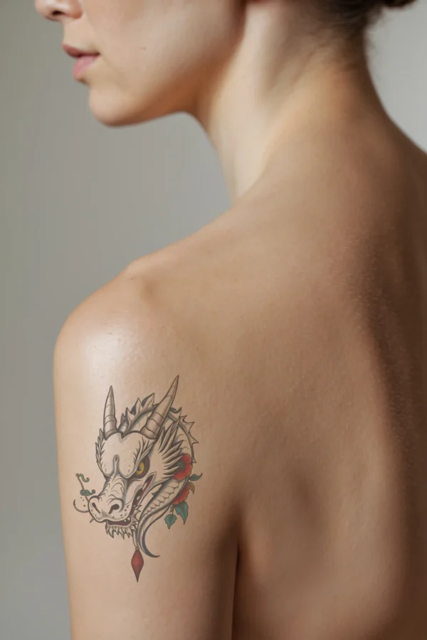 A side profile of a person showcasing a temporary temporary tattoo on their shoulder. The temporary tattoo features a detailed dragon's head in traditional East Asian art style, predominantly white with black and gray accents. The dragon, facing right, has a prominent red eye and an