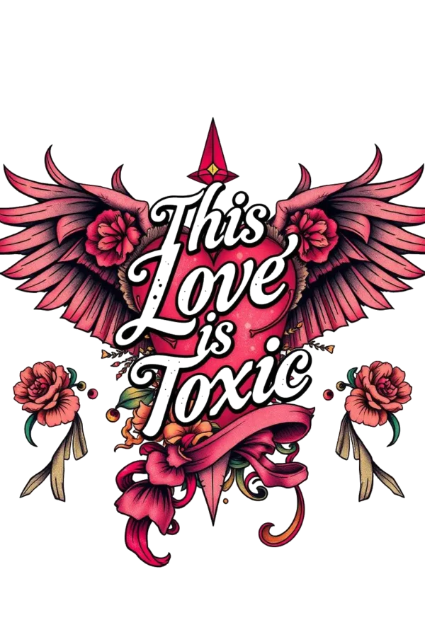 Digital illustration of a heart-shaped temporary temporary tattoo design featuring vibrant pink and red elements. The heart is adorned with a dark pink/red banner that reads "This Love is Toxic" in a stylized font. Flanking the heart are intricately detailed red wings