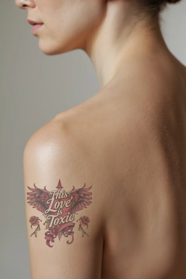 A profile view of a person's shoulder featuring a temporary temporary tattoo. The design showcases a vibrant pink heart with red wings. The heart includes a banner that reads "This Love is Toxic" in dark pink/red stylized lettering. The wings are embellished with pink