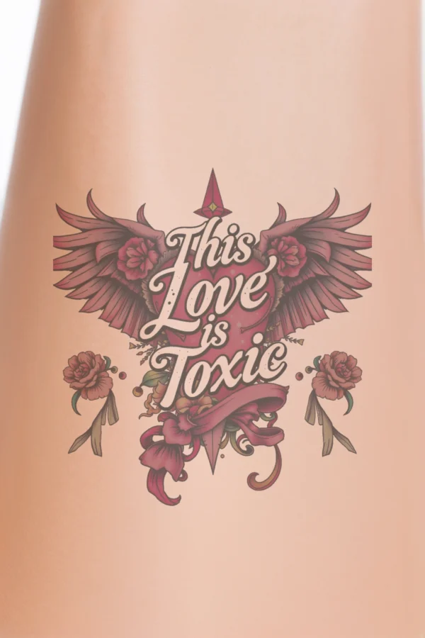 Close-up of a person's calf showcasing a temporary temporary tattoo featuring a vibrant pink heart with red wings. The heart is adorned with a dark pink/red banner that reads “This Love is Toxic” in a stylized font. The wings, appearing to spread outward