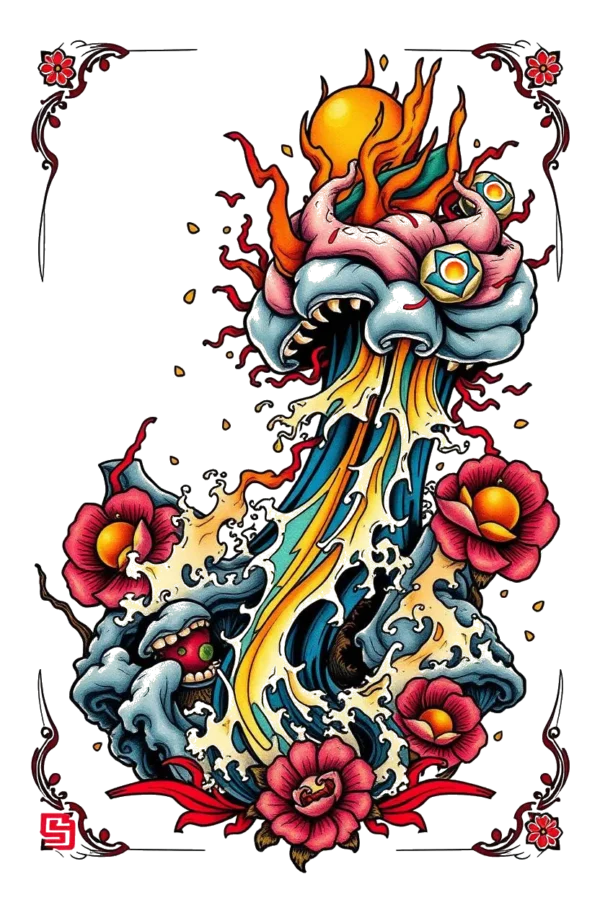 A vibrant temporary temporary tattoo design featuring a fantastical creature, resembling a dragon or serpent, emerging from a wave. The creature's body is pink and white, with a fiery orange and yellow head that showcases sharp teeth and striking blue eyes. Its head is