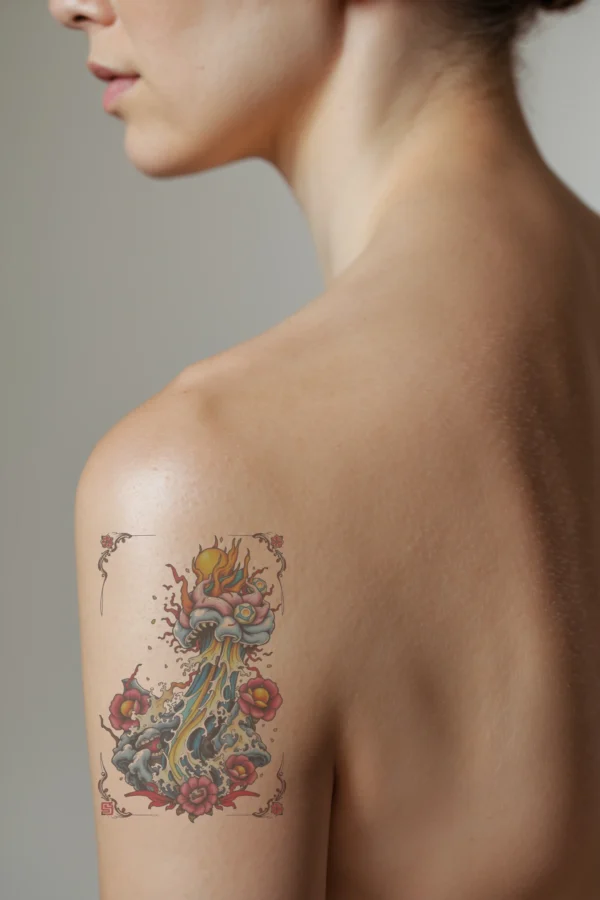 A temporary temporary tattoo on a person's shoulder depicts a vibrant, fantastical creature resembling a dragon or serpent, primarily in pink and white shades. The creature's large, fiery head, radiating orange and yellow, features sharp teeth and striking blue eyes, adorned