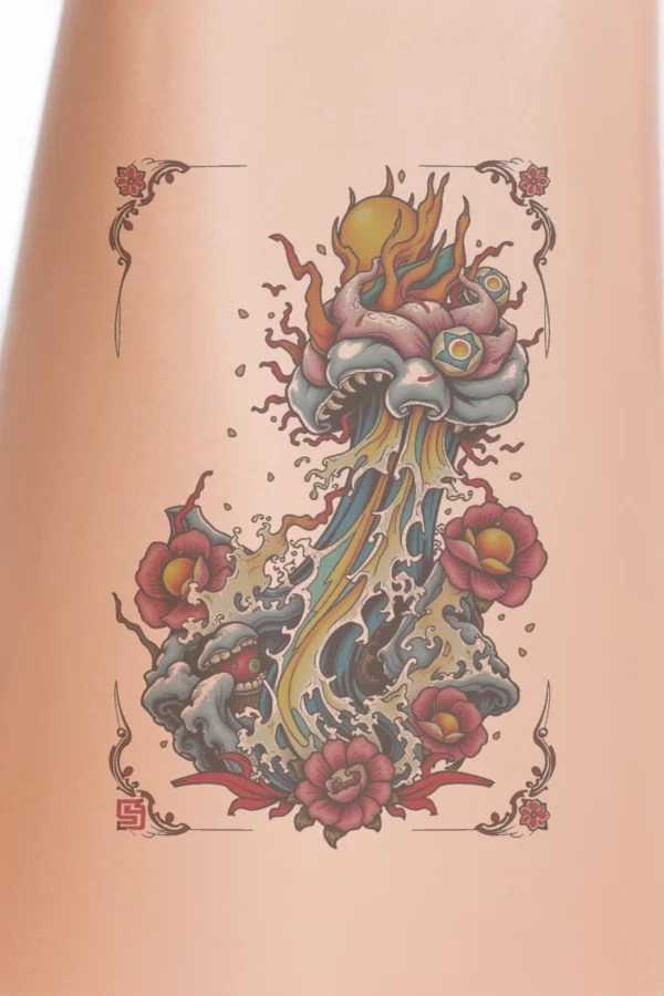 Close-up of a temporary temporary tattoo on a person's calf, featuring a vibrant dragon or serpent emerging from a wave. The creature's body is a mix of pink and white, with a fiery orange and yellow head and sharp teeth. Its striking blue eyes and
