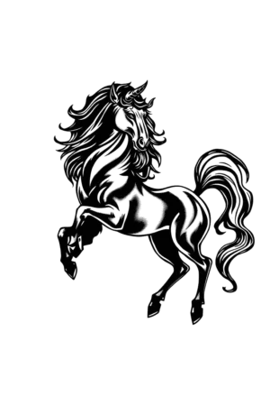 Temporary tattoo design featuring a powerful black and white illustration of a majestic horse rearing on its hind legs. The horse's mane and tail flow dramatically, enhancing the sense of movement. Its head is turned to the left, with eyes focused forward, ex