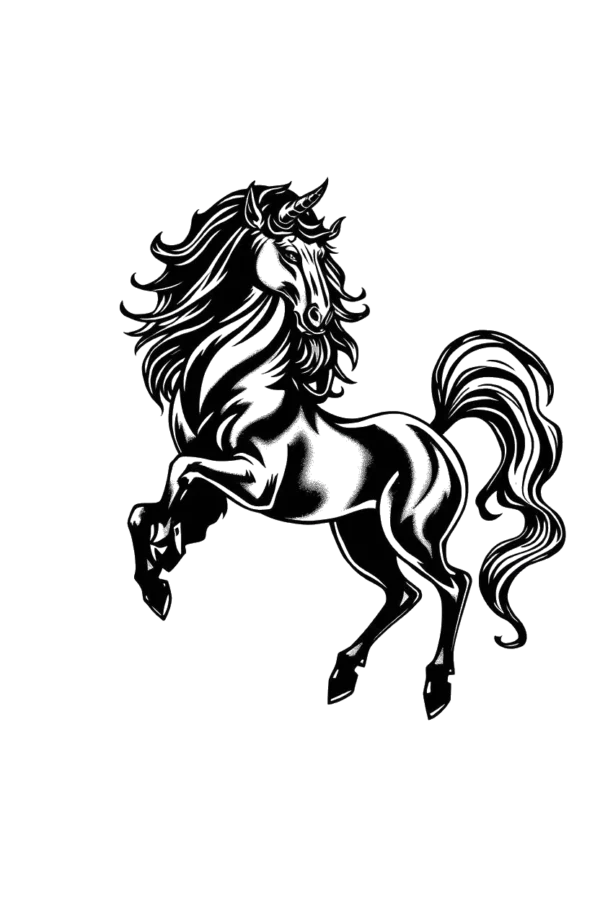 Temporary temporary tattoo design featuring a powerful black and white illustration of a majestic horse rearing on its hind legs. The horse's mane and tail flow dramatically, enhancing the sense of movement. Its head is turned to the left, with eyes focused forward, ex