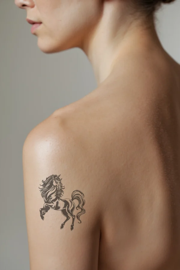 A profile view of a person showcasing a temporary temporary tattoo on their shoulder, featuring a striking black and white design of a majestic horse rearing up. The horse has a dark coat, flowing mane, and tail, depicted in dynamic motion. Its head is