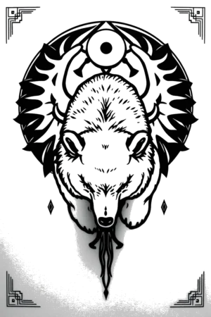 Black and white temporary tattoo of a bear's head and neck, facing forward with closed eyes and a serene expression. The bear's light gray or white fur is complemented by intricate patterns around its neck, including stylized antlers and a circular design.